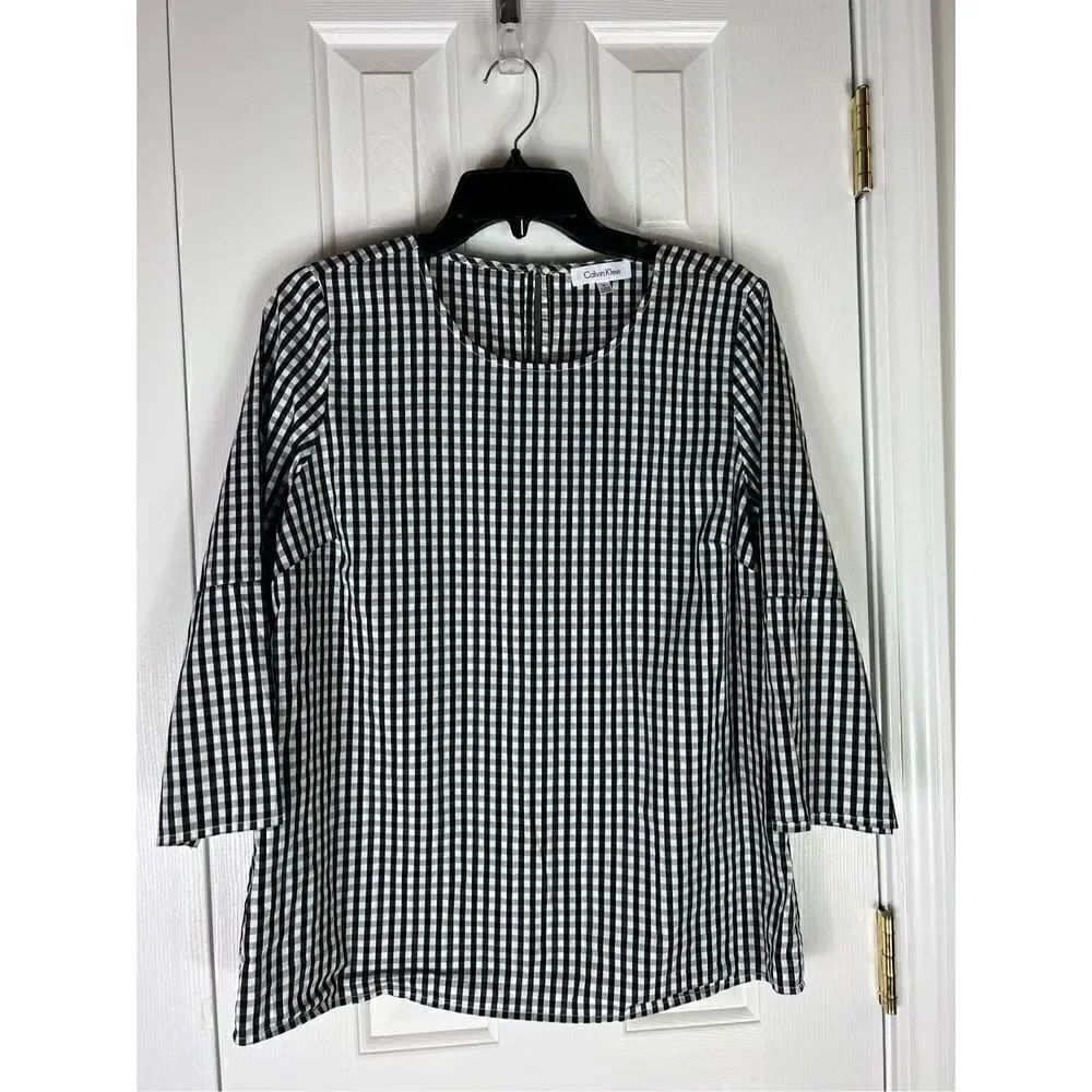 Calvin Klein Womens Black White Gingham Blouse Size M